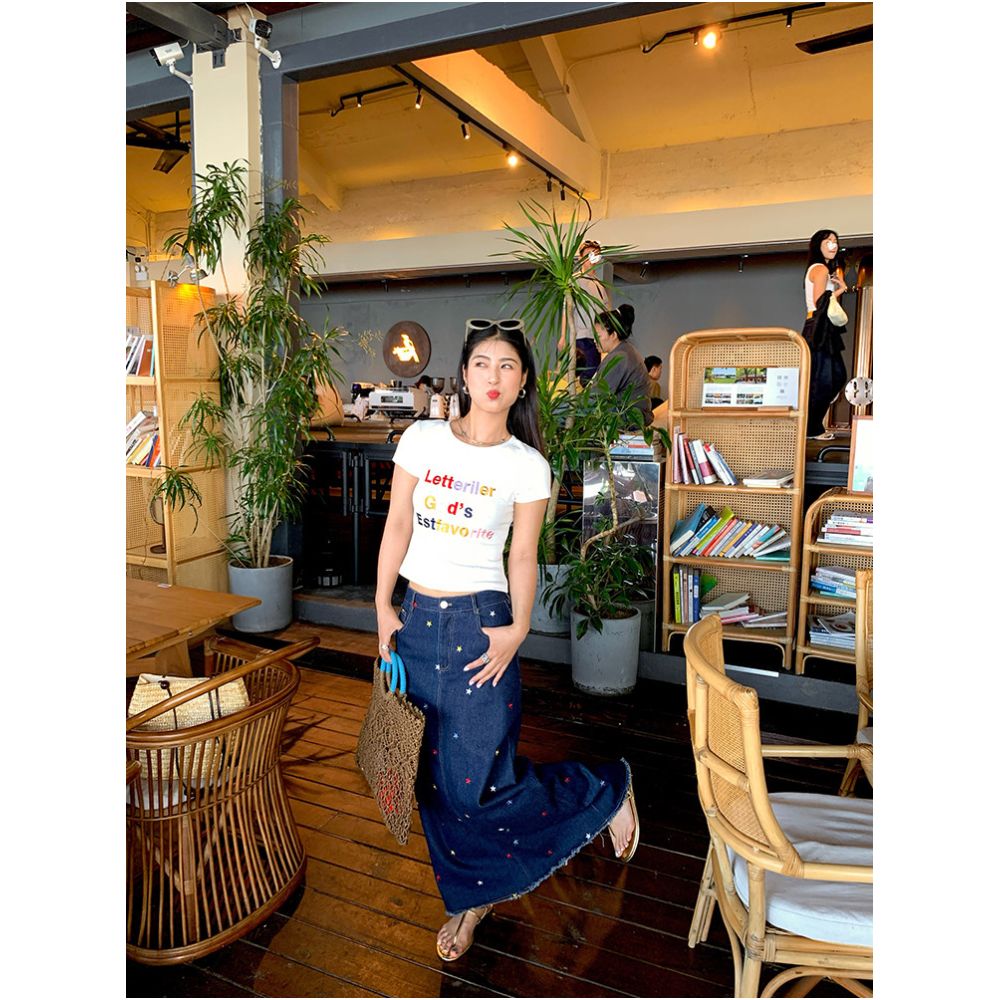 Jinyu Flower Long Midi Skirt 2026 New Early Spring Style Embroidered Denim Midi Skirt with Frayed Edges Stylish Design image 2
