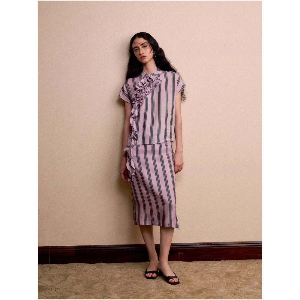 YUANYE Original Summer New Arrival Pink Lotus Leaf Embellished New Chinese Style Striped Stand Collar Short Sleeve Skirt Set image 0