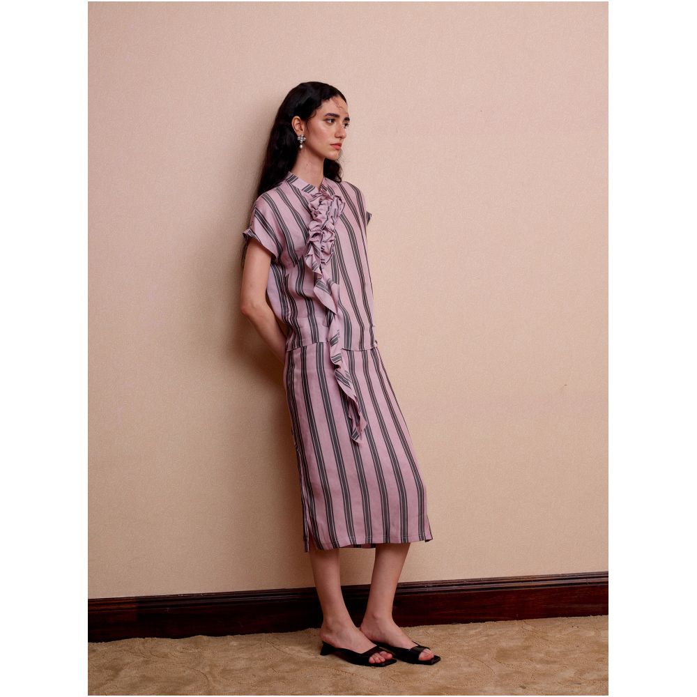 YUANYE Original Summer New Arrival Pink Lotus Leaf Embellished New Chinese Style Striped Stand Collar Short Sleeve Skirt Set image 2