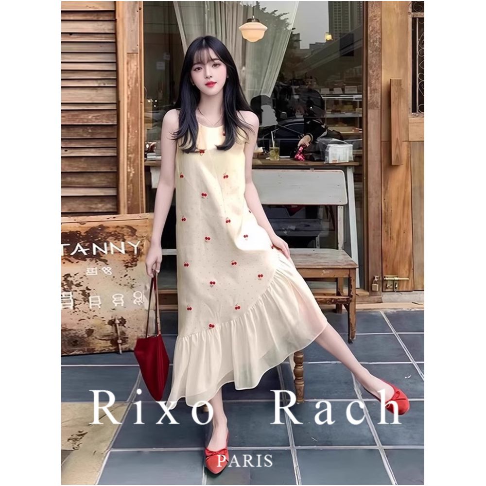 Rixo Rach French style sleeveless halter top dress for women 2025 summer style patchwork ruffle maxi dress image 5