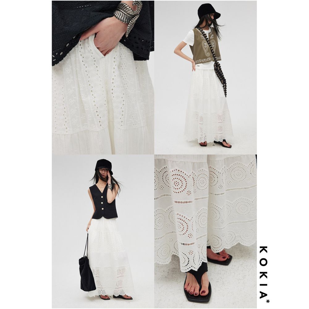 KOKIA in stock celebrity style Madeira embroidered white moonlight lace floral patchwork elastic waist tiered skirt image 2