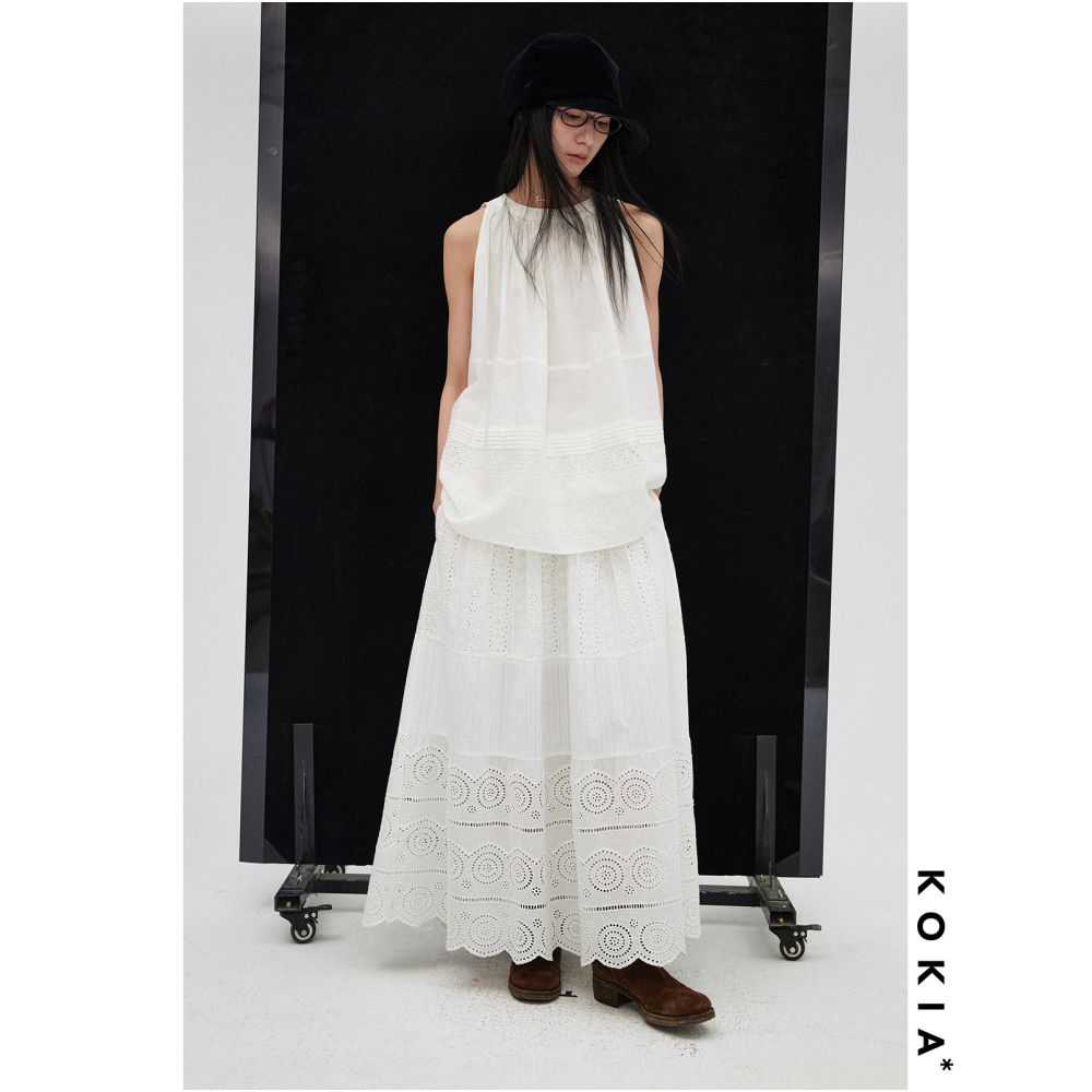 KOKIA in stock celebrity style Madeira embroidered white moonlight lace floral patchwork elastic waist tiered skirt image 3