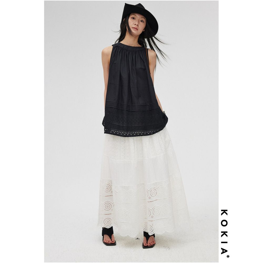 KOKIA in stock celebrity style Madeira embroidered white moonlight lace floral patchwork elastic waist tiered skirt image 4