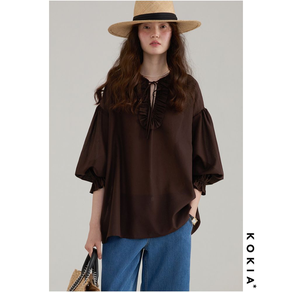 KOKIA In Stock Lightweight and Sheer Floral Gauze Classic Leg of Mutton Sleeves Ruffled V Neck Loose Oversized Pullover Shirt image 0