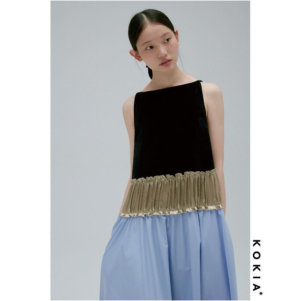KOKIA In Stock Oil Painting Color Scheme Sheer Velvet Acetate Three Section Patchwork Dress Off Shoulder Color Block Full Skirt image 2