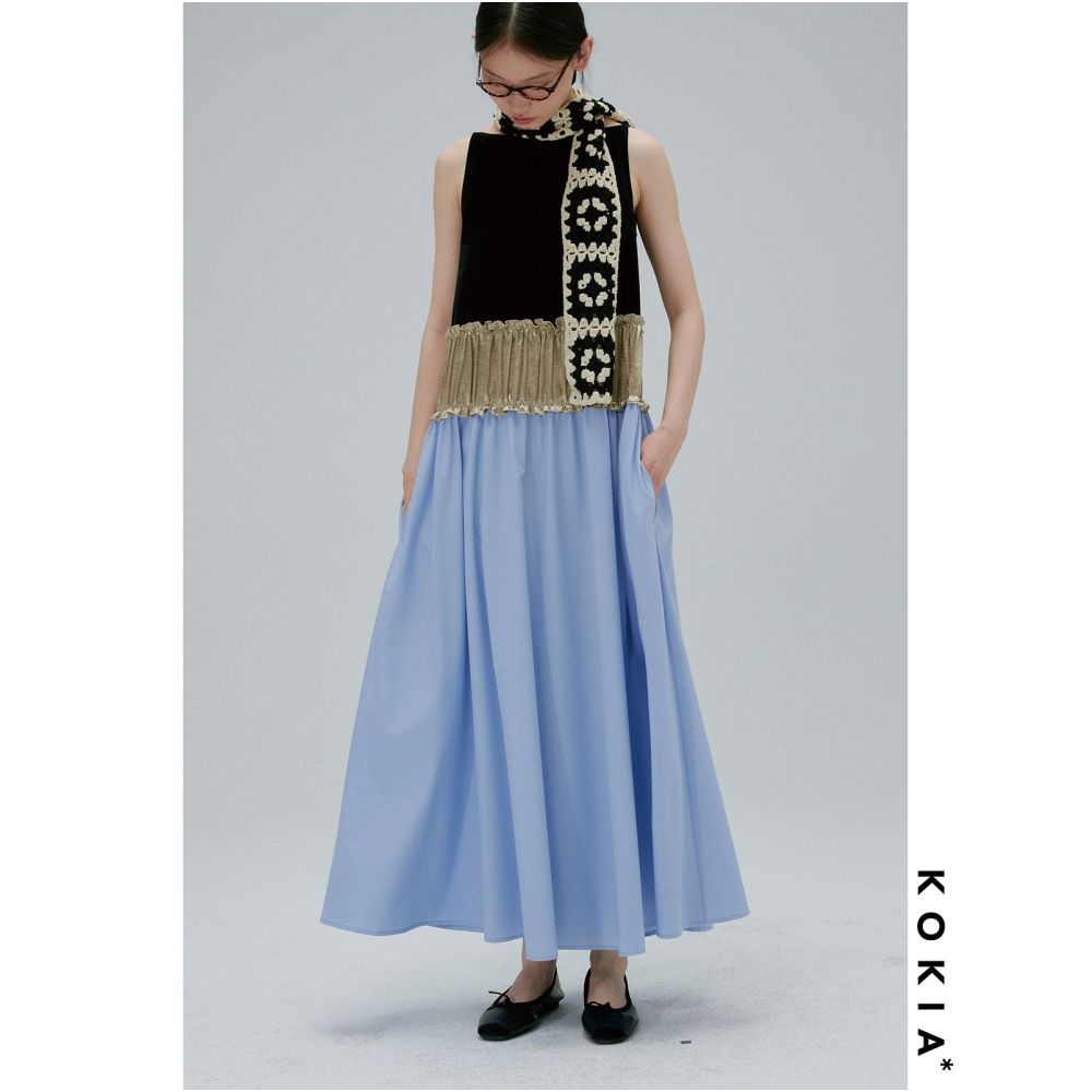 KOKIA In Stock Oil Painting Color Scheme Sheer Velvet Acetate Three Section Patchwork Dress Off Shoulder Color Block Full Skirt image 3