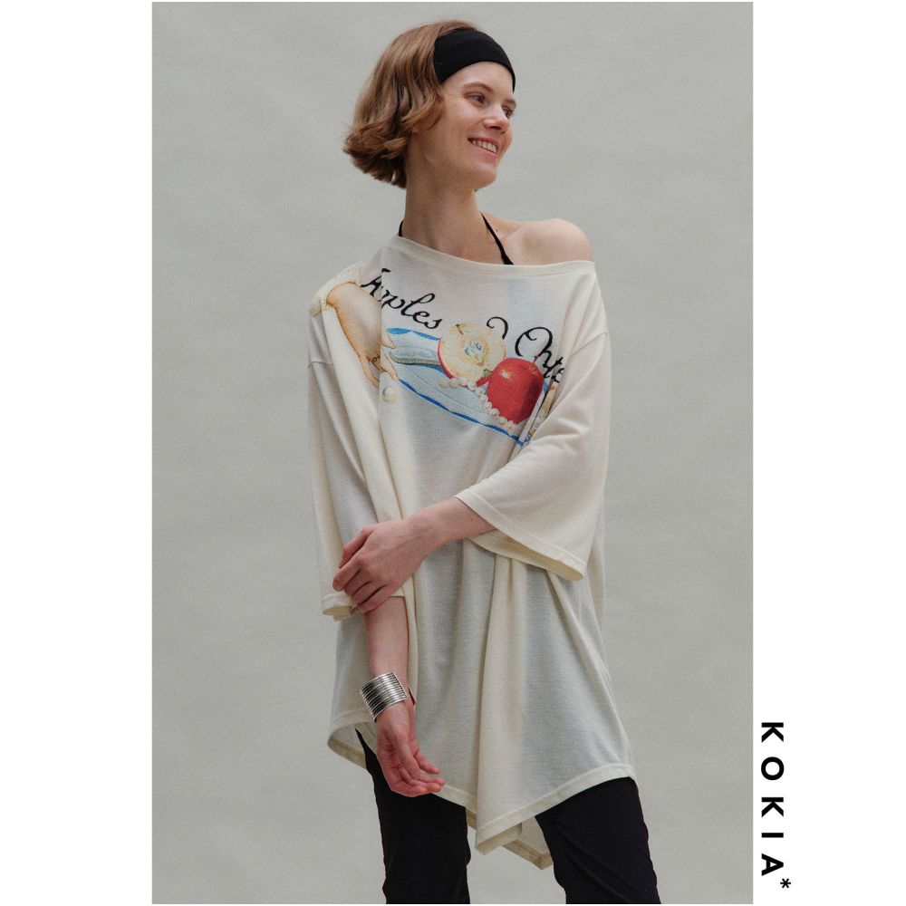 KOKIA Original Oil Painting Print Apples and Oysters Irregular Hem Three Quarter Sleeve Off Shoulder Tee image 1