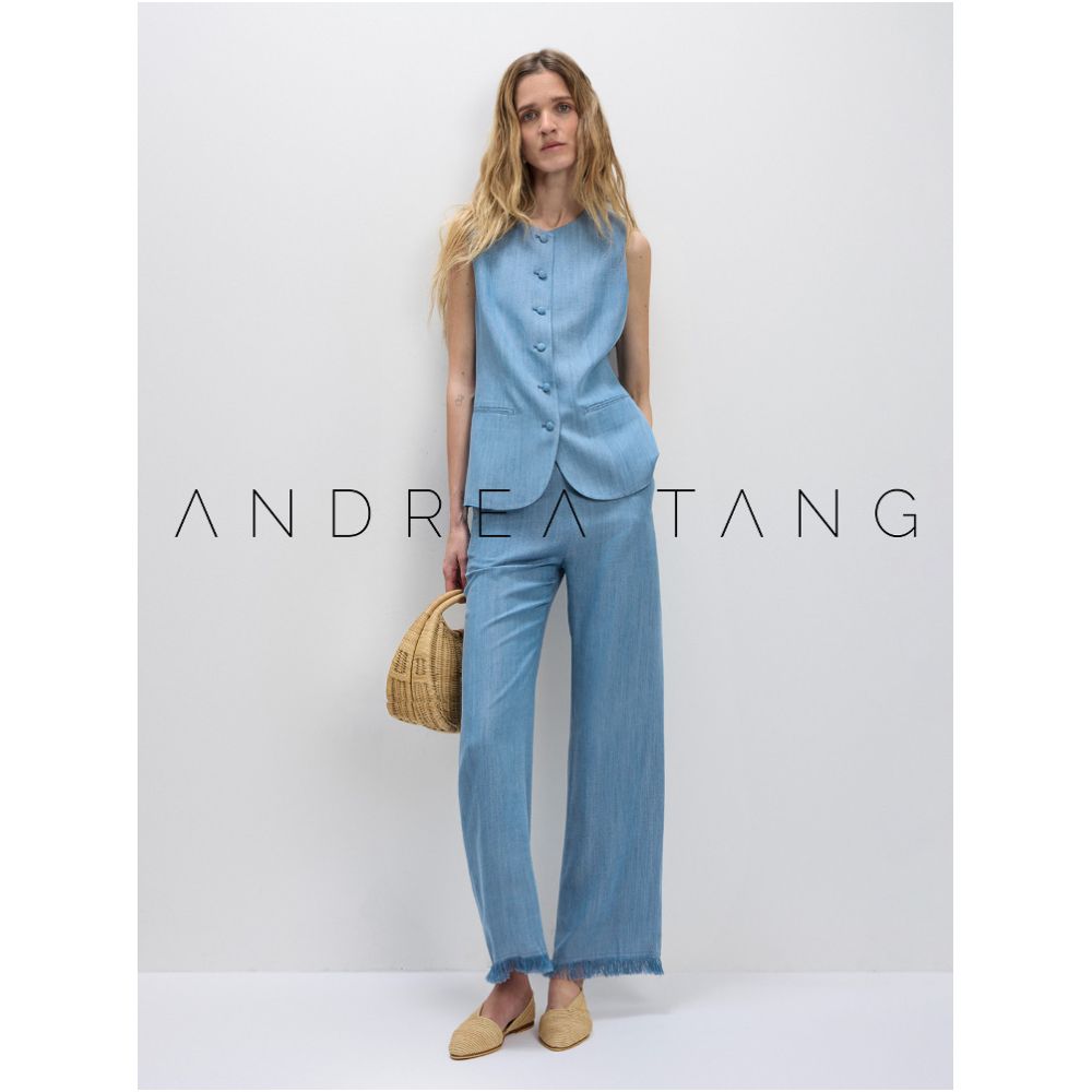 Andrea Tang Vest Set DEBORAH Tencel Denim Crew Neck Slim Waist Vest with Tassel Pants image 0