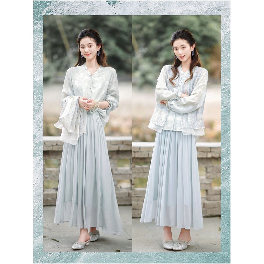 Zhao Daxi Luxury Gynostemma pendant top Location tracking intangible cultural heritage brocade V neck ruffled collar long sleeved blouse image 2