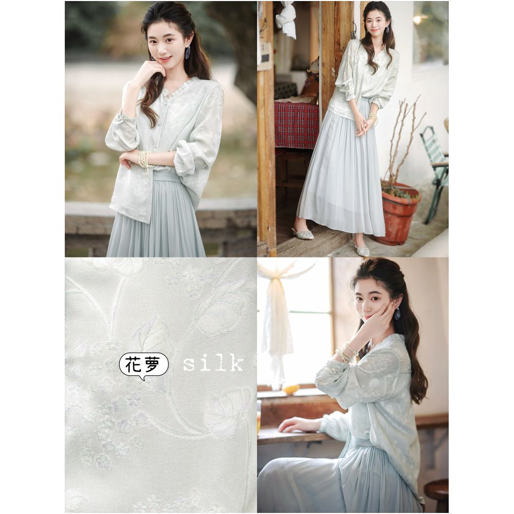 Zhao Daxi Luxury Gynostemma pendant top Location tracking intangible cultural heritage brocade V neck ruffled collar long sleeved blouse image 4