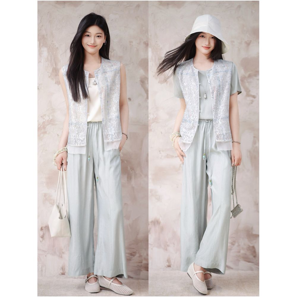 Zhao Daxi Chiang Mai Casual Pants 100 Acetate Fiber Relaxed Fit Elastic Waist Drawstring Cropped Wide Leg Pants for Women image 3