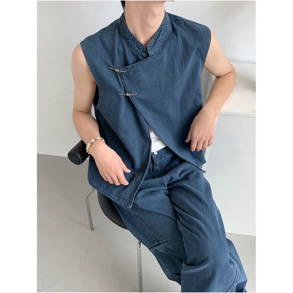 Kwon il Korean style niche design denim vest suit for men high end straight leg washed trousers wide leg style image 0