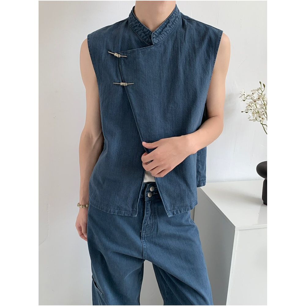 Kwon il Korean style niche design denim vest suit for men high end straight leg washed trousers wide leg style image 1