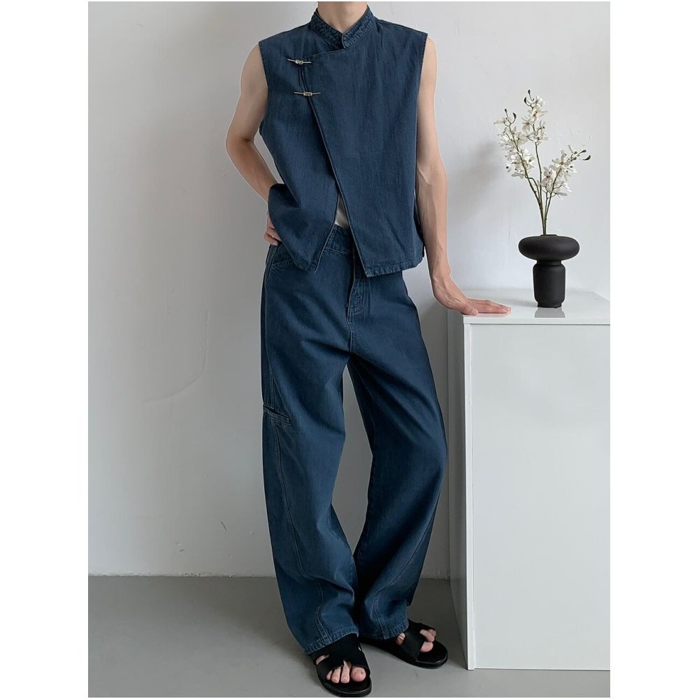 Kwon il Korean style niche design denim vest suit for men high end straight leg washed trousers wide leg style image 3
