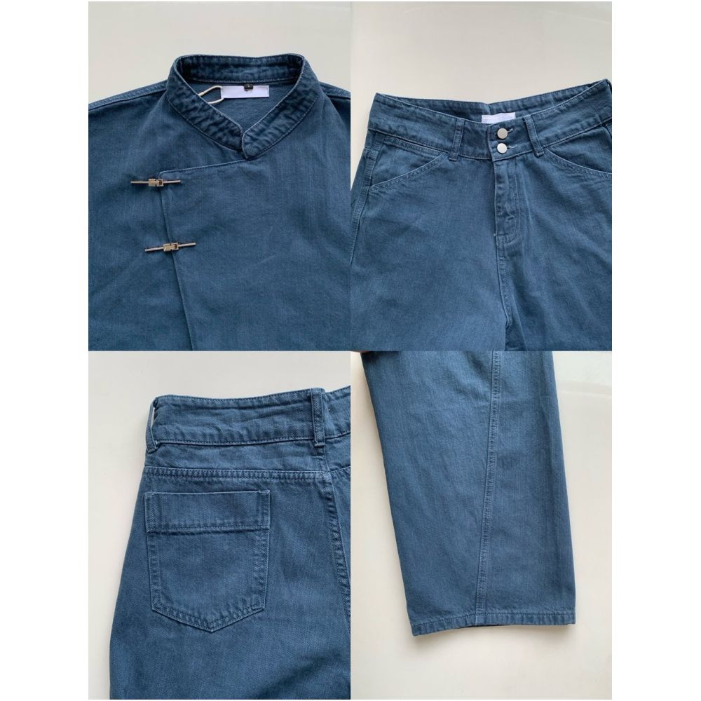 Kwon il Korean style niche design denim vest suit for men high end straight leg washed trousers wide leg style image 4