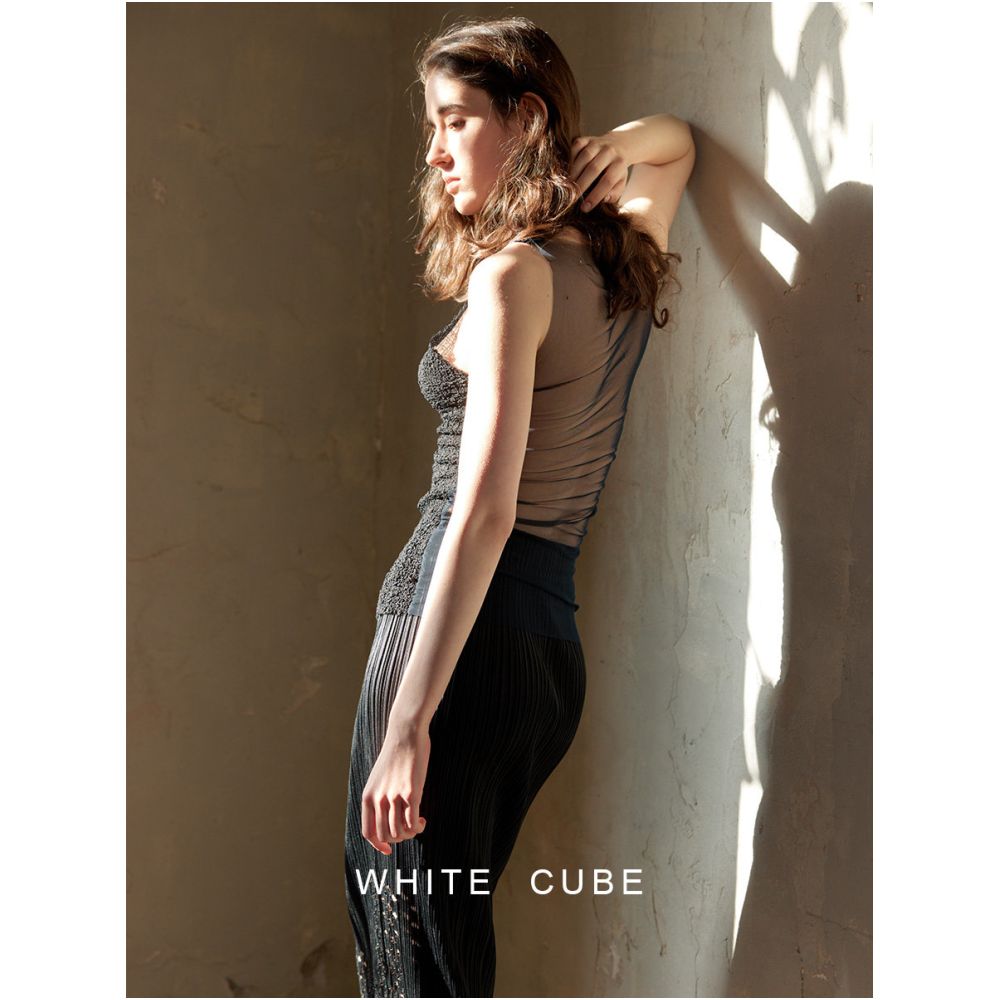 whitecube2026 Textured Silk Black Mesh Backless Slim Fit Tank Top for Women image 5