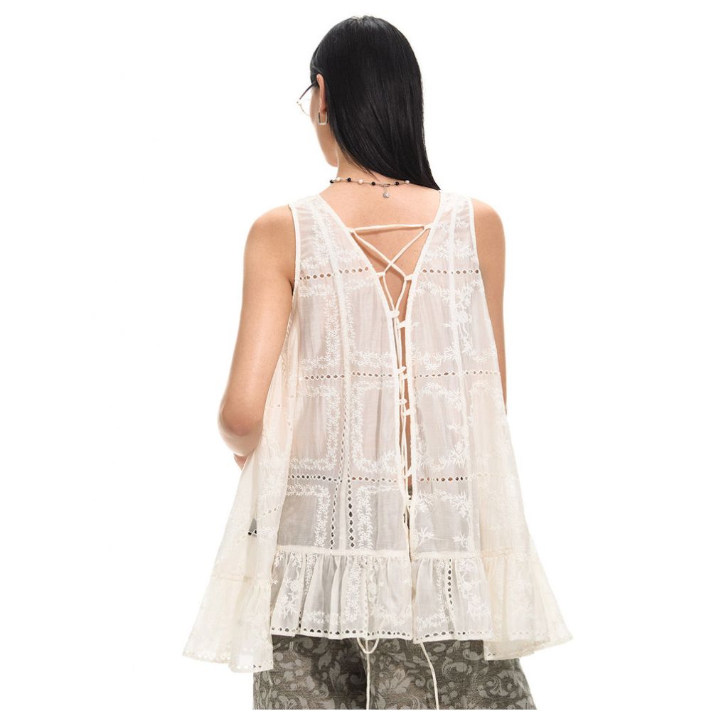 Luobian Step by Step Flower Original Designer Embroidered Shirt Vest for Women Sleeveless Hollow Out Croche Top image 0