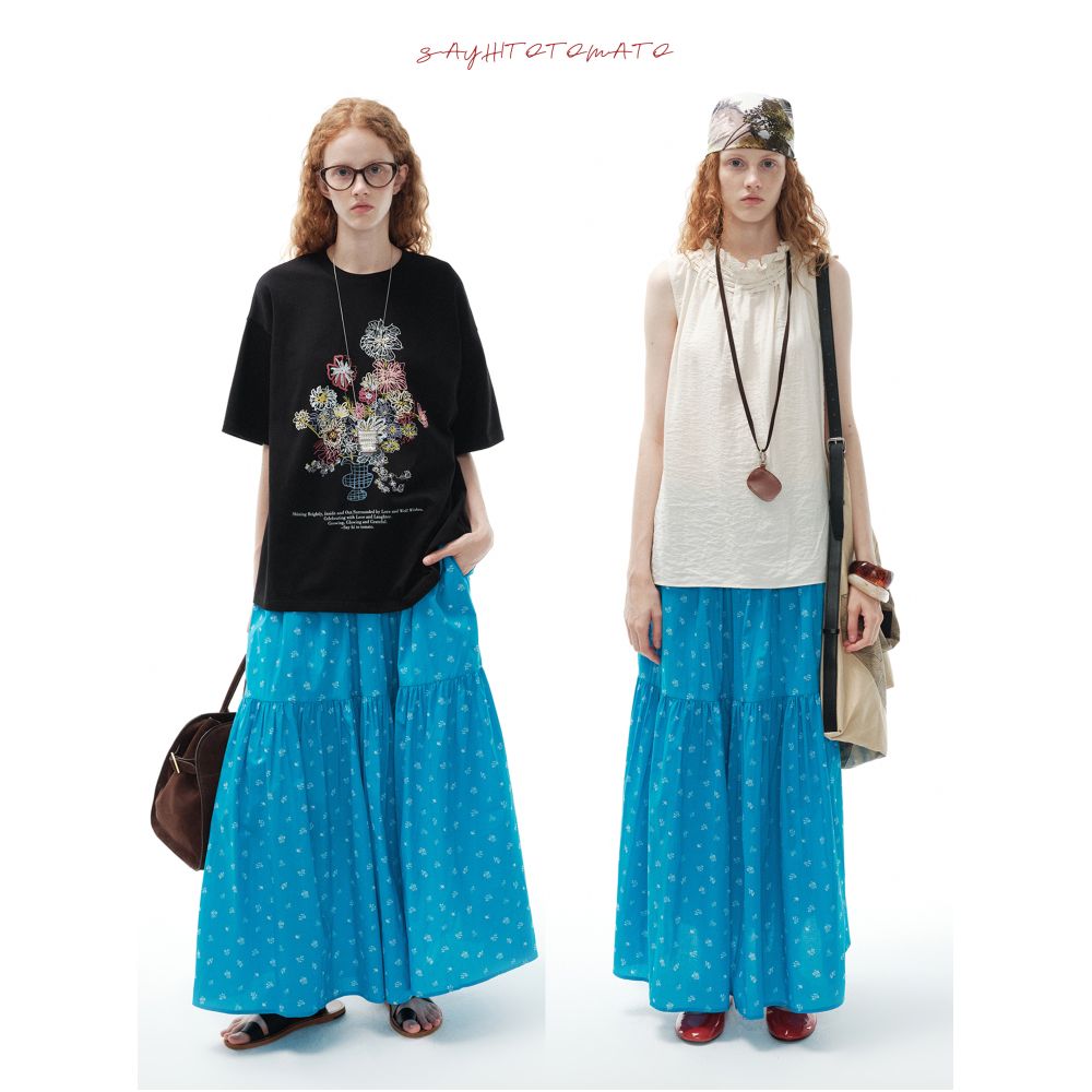 Sayhitotomato floral print gathered elastic waist cotton maxi skirt with a full hem image 0