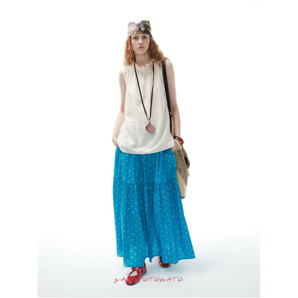 Sayhitotomato floral print gathered elastic waist cotton maxi skirt with a full hem image 2
