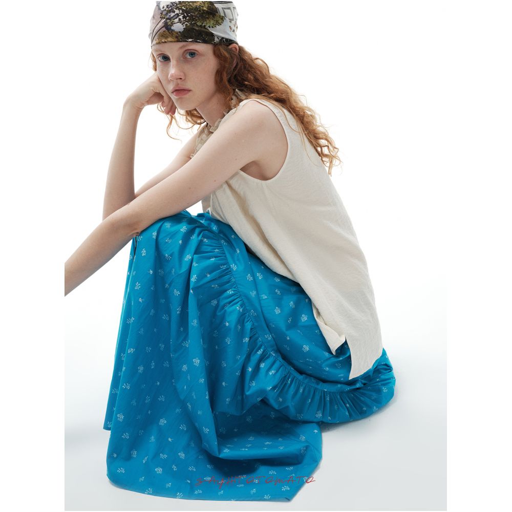 Sayhitotomato floral print gathered elastic waist cotton maxi skirt with a full hem image 4
