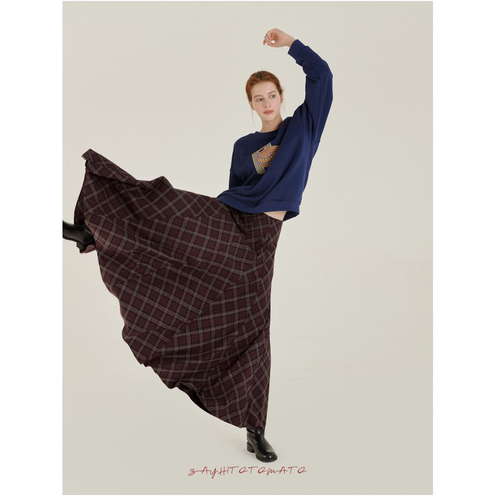 Sayhitotomato s segmented plaid retro style slimming A line skirt with a full hem exuding elegance past the knees image 0