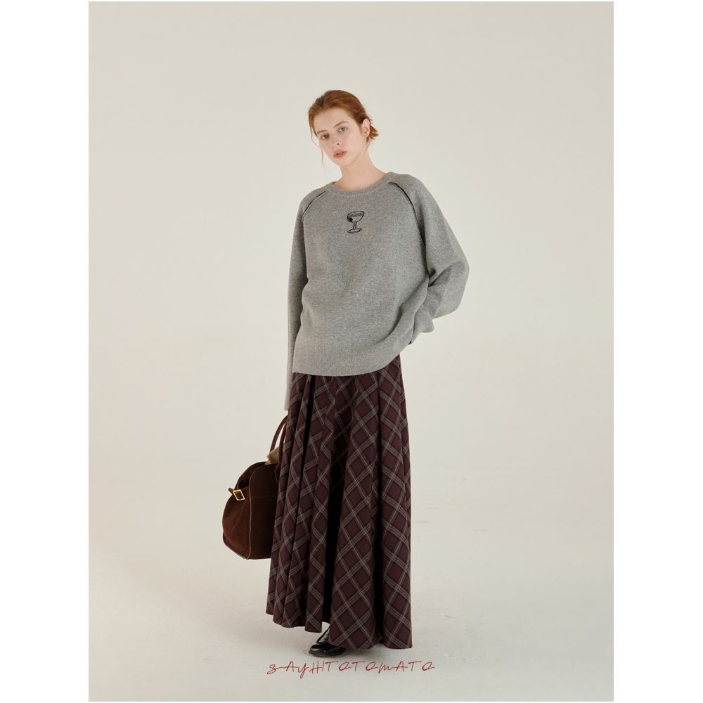 Sayhitotomato s segmented plaid retro style slimming A line skirt with a full hem exuding elegance past the knees image 2
