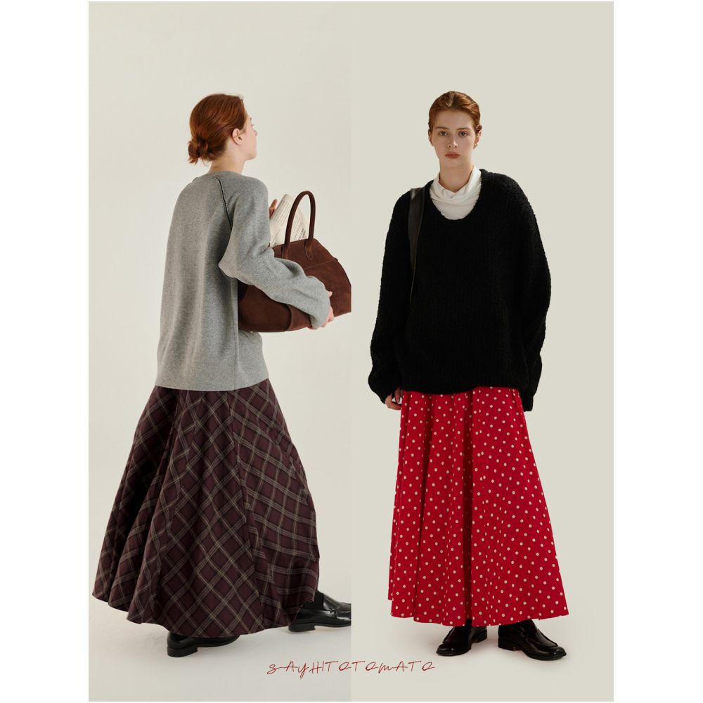 Sayhitotomato s segmented plaid retro style slimming A line skirt with a full hem exuding elegance past the knees image 3