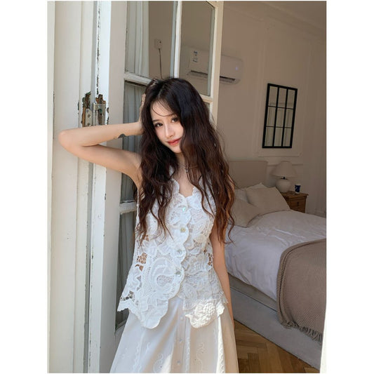 DANCC French style heavy embroidered vest for women summer thin style high end water soluble lace hollow vest image 0