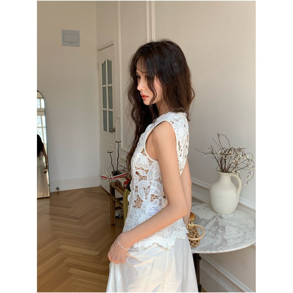 DANCC French style heavy embroidered vest for women summer thin style high end water soluble lace hollow vest image 4
