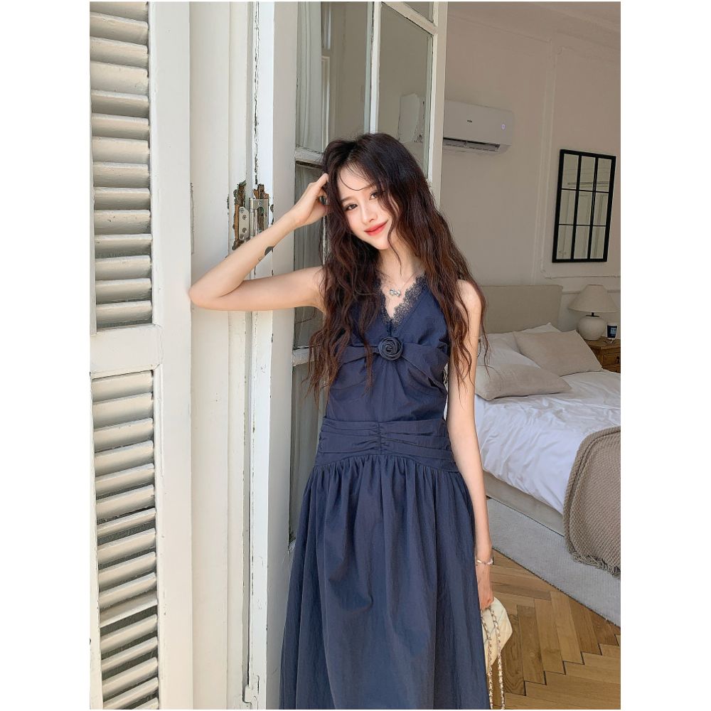 DANCC Blueberry Romance Floral French Resort Dress Summer Sleeveless Lace Evening Gown image 1