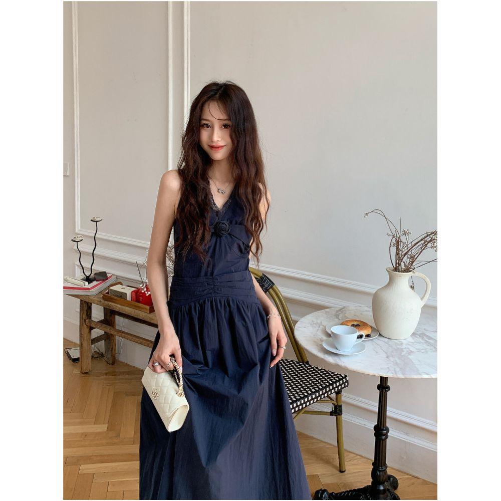 DANCC Blueberry Romance Floral French Resort Dress Summer Sleeveless Lace Evening Gown image 3