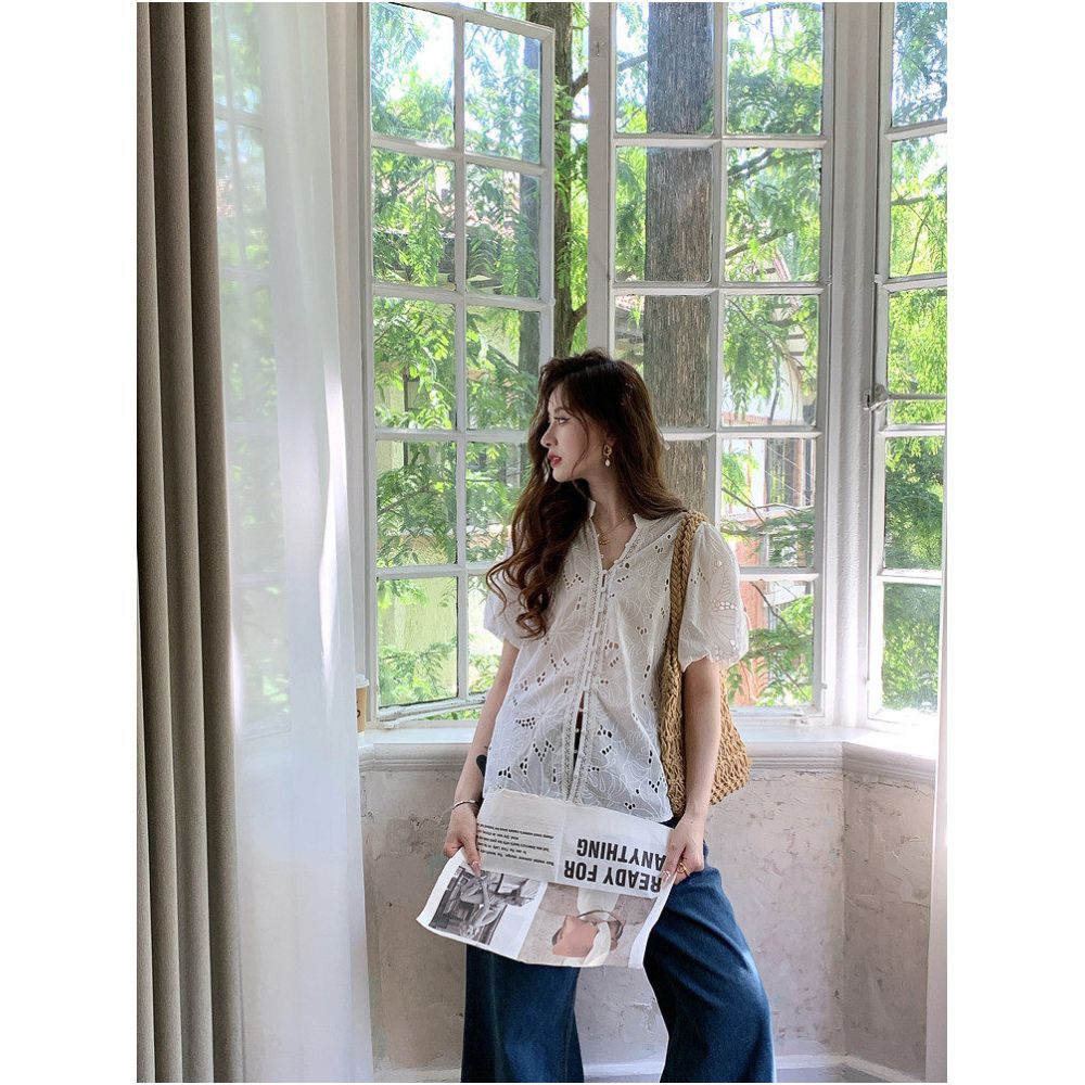 DANCC French style hollowed out embroidered short sleeved shirt for women summer vacation puff sleeve blouse lace top image 4