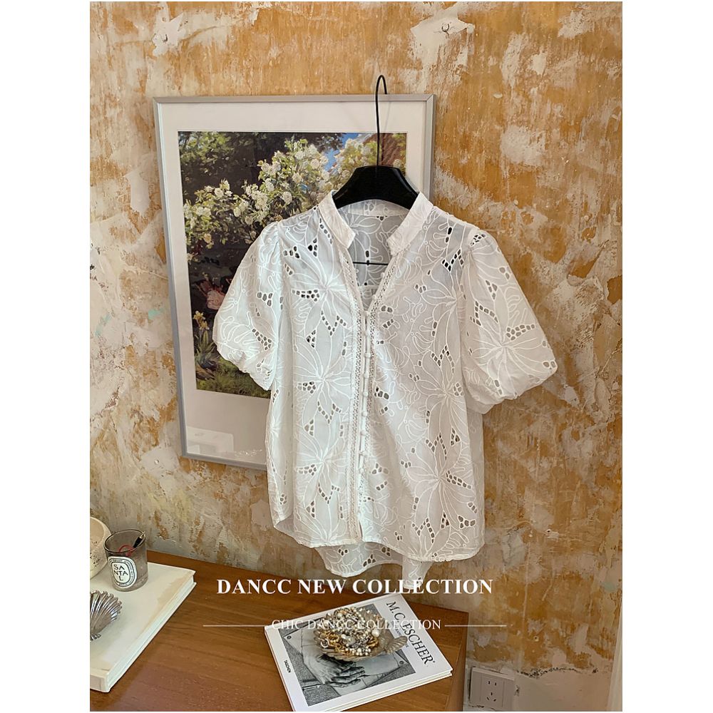 DANCC French style hollowed out embroidered short sleeved shirt for women summer vacation puff sleeve blouse lace top image 0