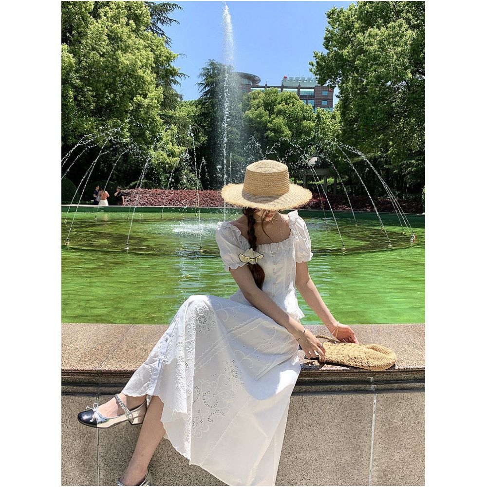 DANCC French style hollowed out embroidered white midi skirt for women summer long elegant A line skirt image 1