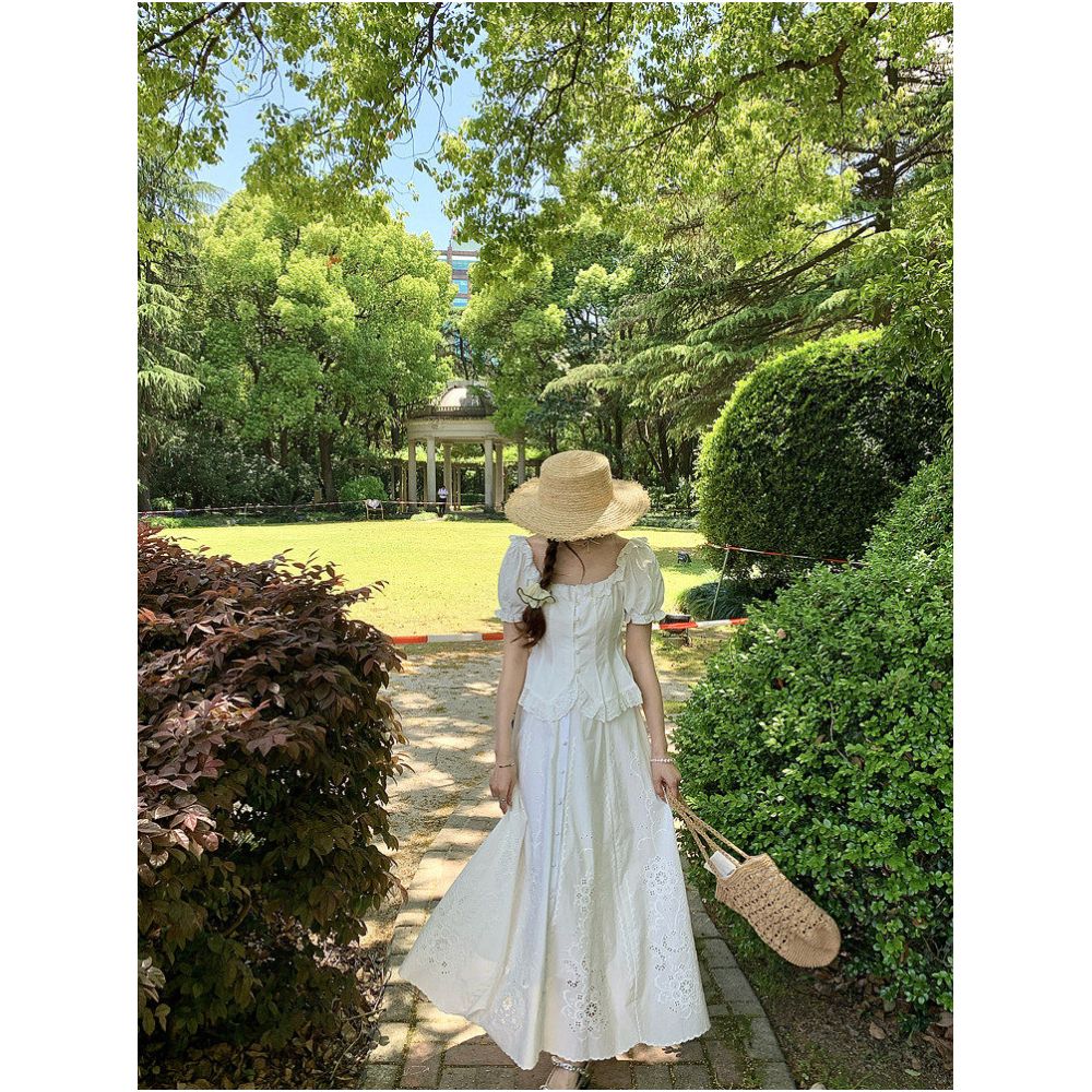 DANCC French style hollowed out embroidered white midi skirt for women summer long elegant A line skirt image 2