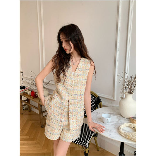DANCC Light Yellow Chanel Style Two Piece Vest Set for Women New French Style Sleeveless Vest and Shorts Set image 0