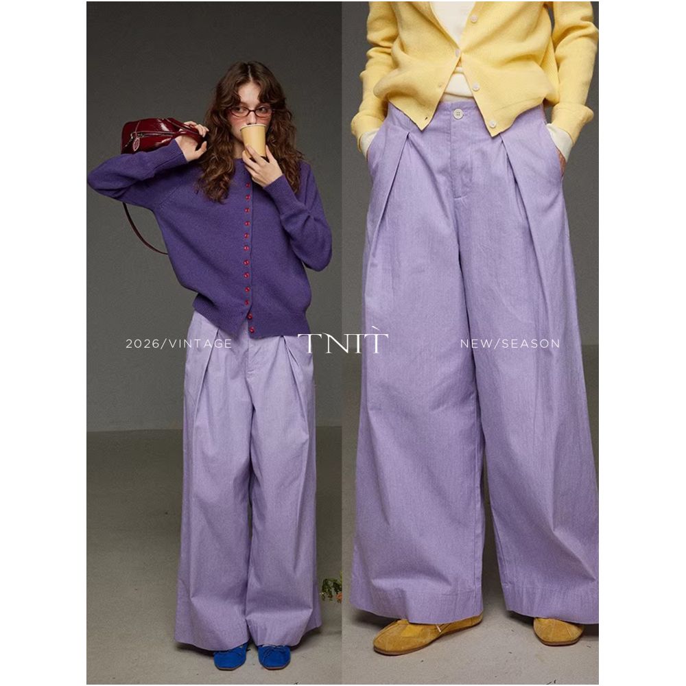 TNIT Retro Purple Suit Casual Wide Leg Pants Women s 2026 Spring High Waisted Loose Fitting Relaxed Style Pants image 0