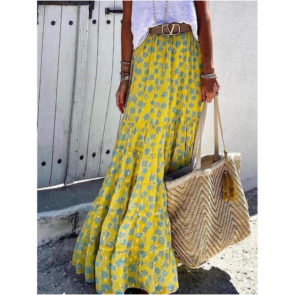 In Stock Summer long skirt ankle length Chanel style high waisted yellow floral print women s skirt unique design image 0