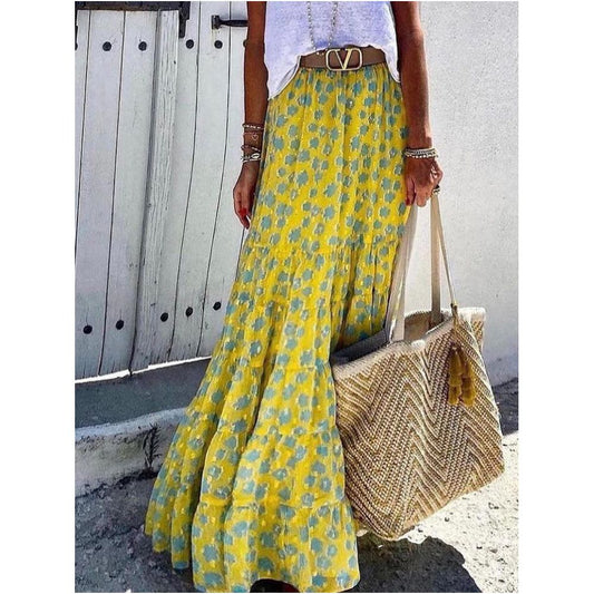 In Stock Summer long skirt ankle length Chanel style high waisted yellow floral print women s skirt unique design image 0