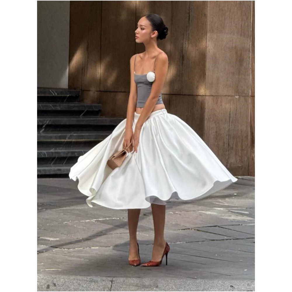 French style elegant and sophisticated white midi skirt for women high waisted full skirt A line flared skirt image 1