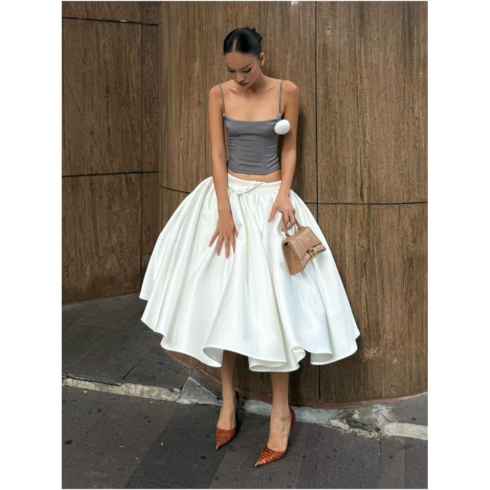 French style elegant and sophisticated white midi skirt for women high waisted full skirt A line flared skirt image 2