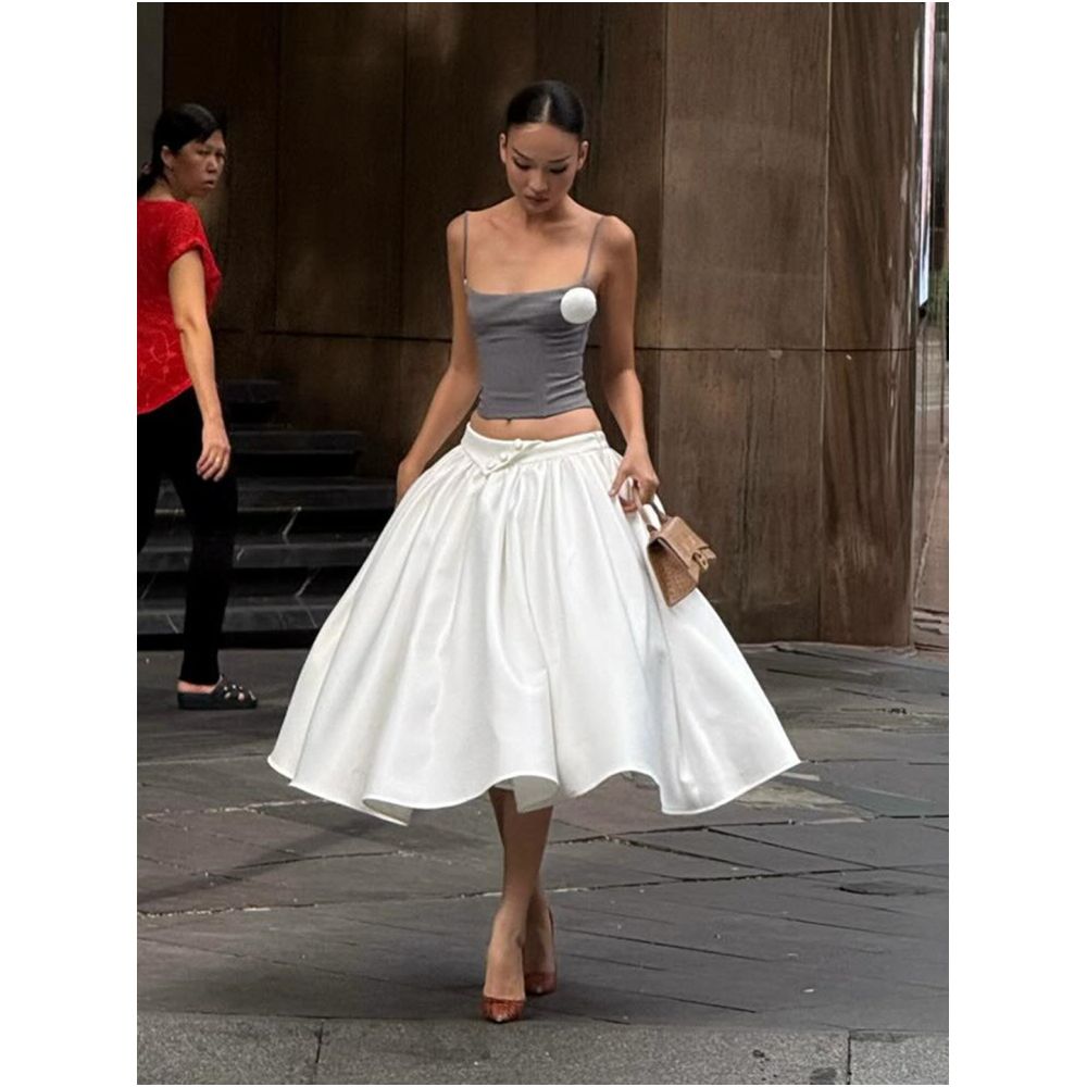 French style elegant and sophisticated white midi skirt for women high waisted full skirt A line flared skirt image 3