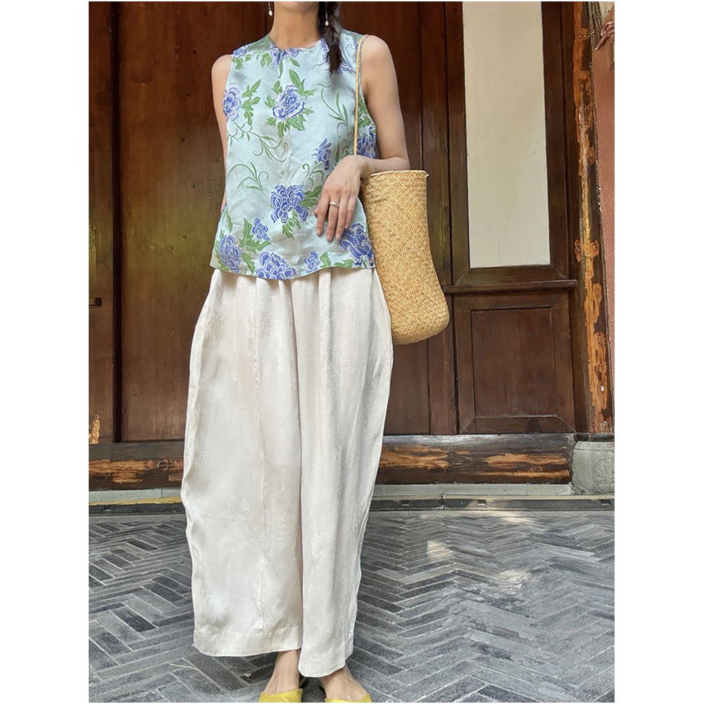 BLUE Y Chinese Style New Chinese Style Rayon Silk Cloud Yarn Cool Sleeveless Blue Jacquard Vest Top Round Neck image 4