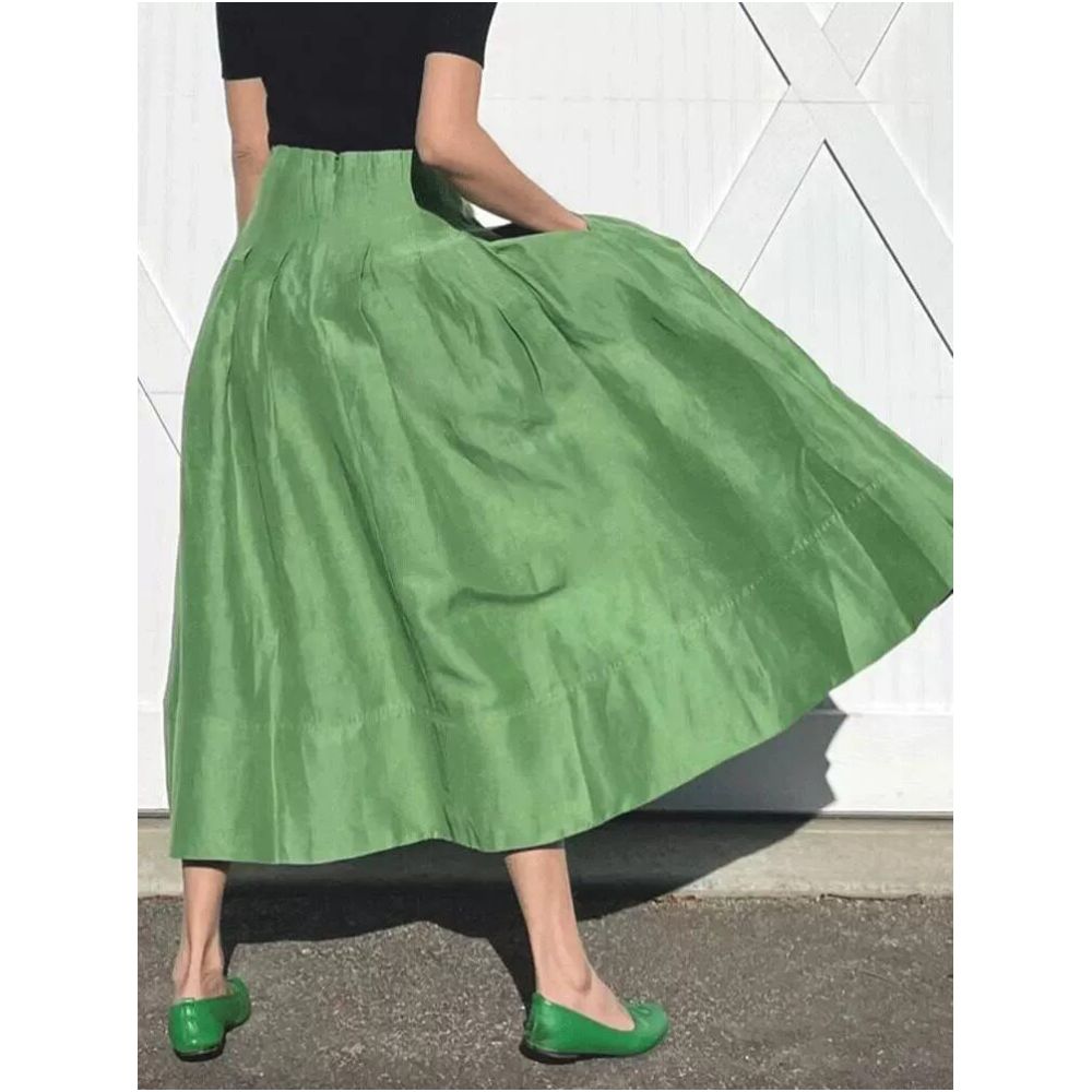 Rixo Kelly French retro style green high waisted pear shaped figure flattering flared skirt for summer image 0