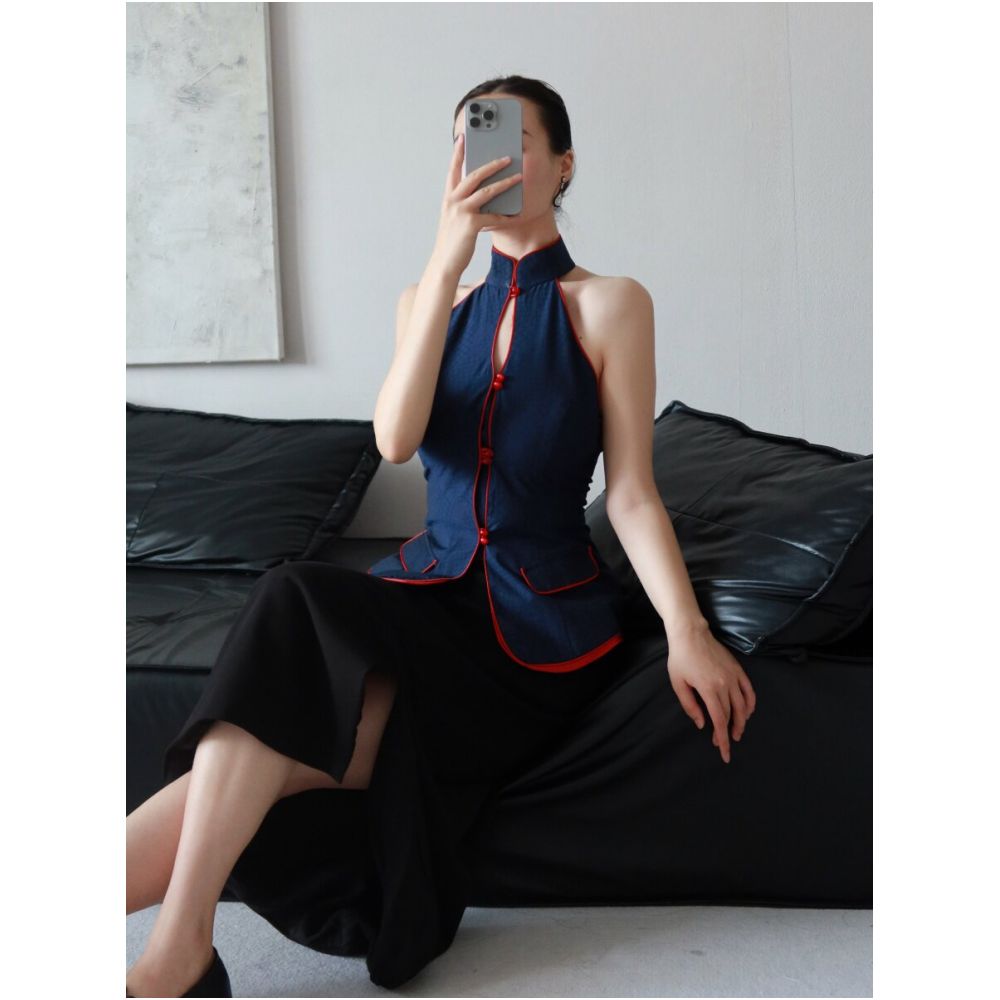 TAORAN Women s Chinese Style Blue Vest Suitable for Everyday Wear Youthful Style Cheongsam Style Top image 2