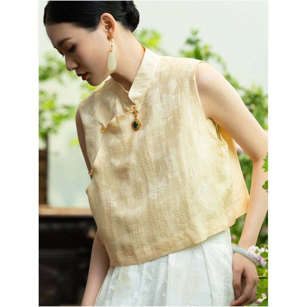 2024 New Arrival PSL1049 1048 Silk Floral Maple Leaf Style New Chinese Retro Vest Waistcoat Outerwear image 3