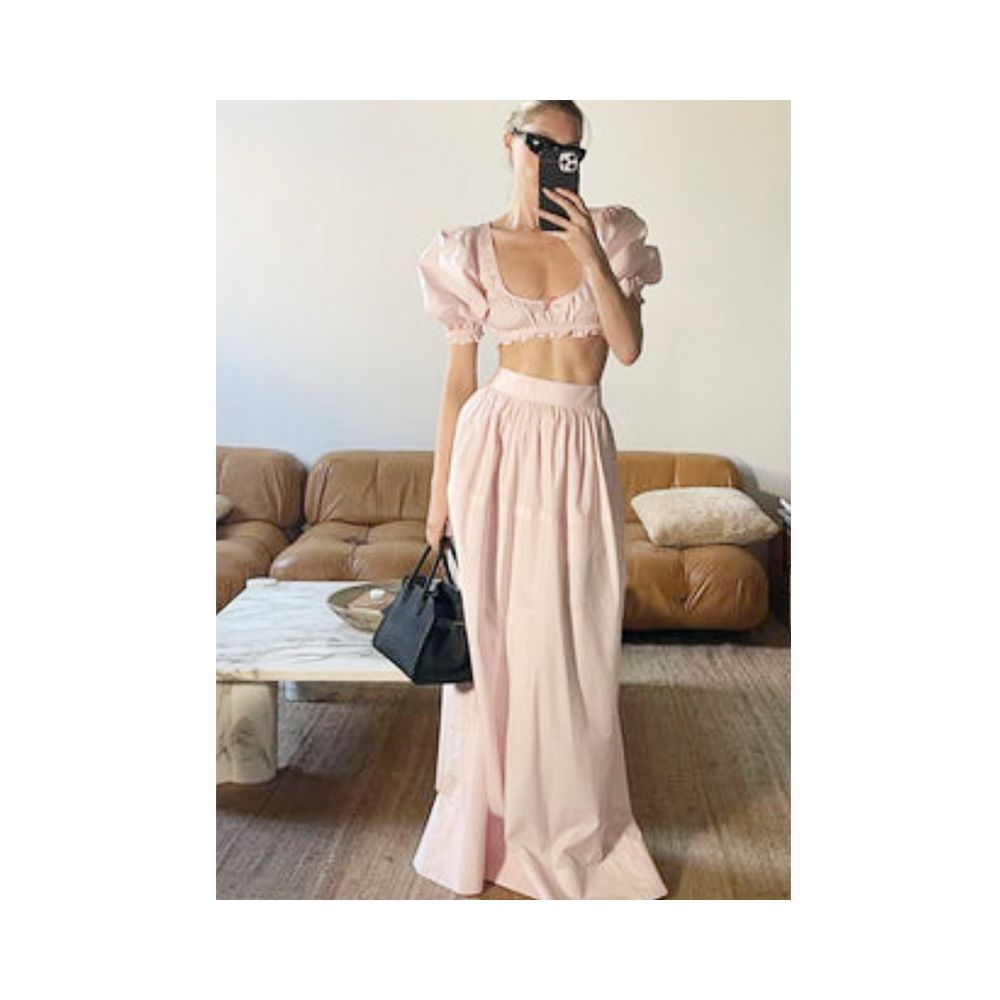 Hoskelsa blogger s same French vacation style youthful puff sleeved crop top and high waisted skirt set by Yi Mengling image 0