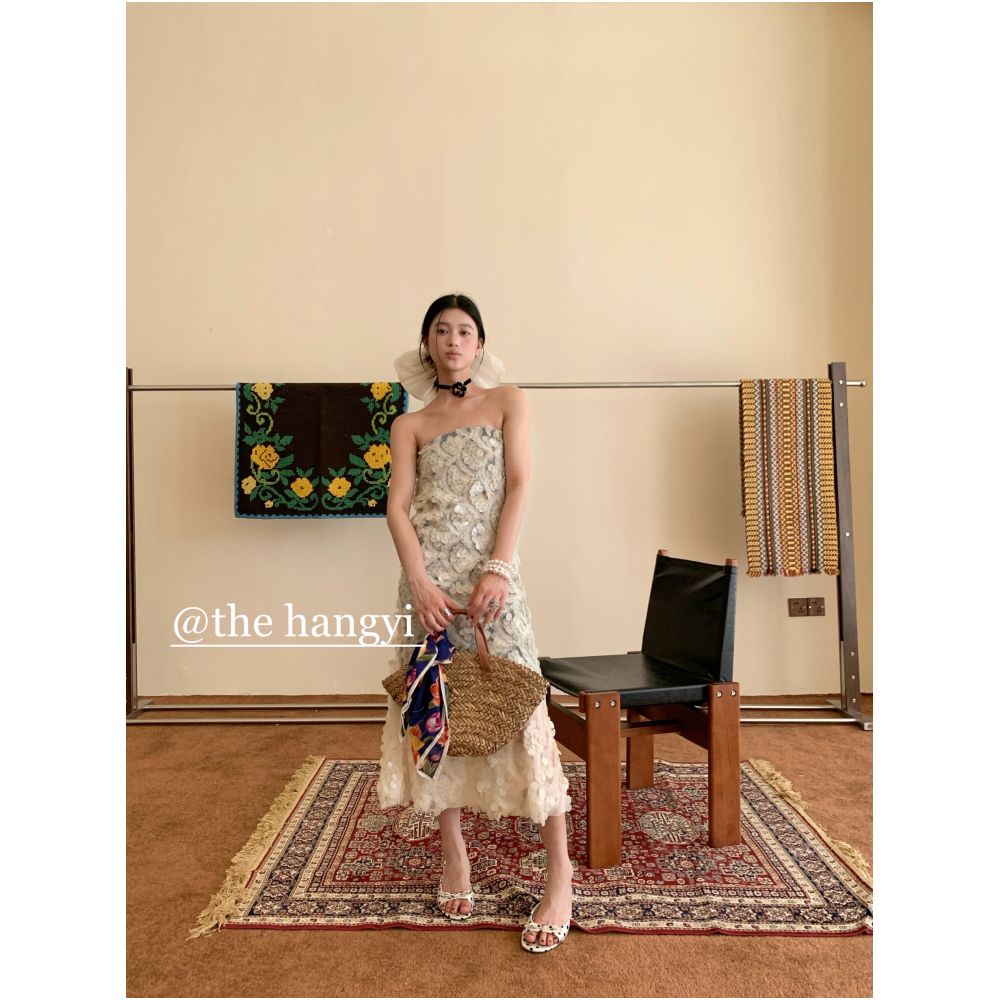 The HangYi French Summer Trend Fashion Heavy Sequined Fishtail Two Way Strapless Midi Dress for Women image 1
