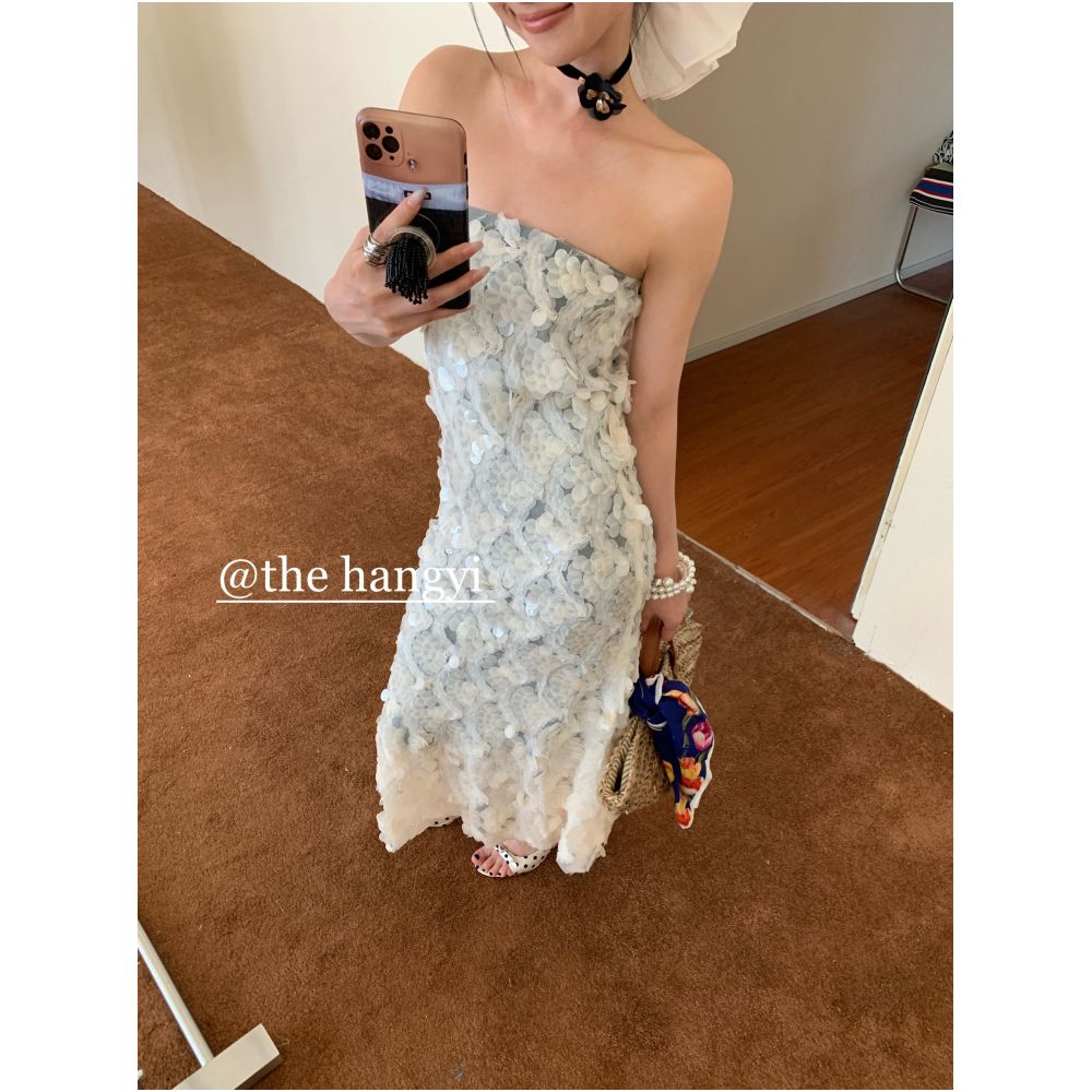 The HangYi French Summer Trend Fashion Heavy Sequined Fishtail Two Way Strapless Midi Dress for Women image 3