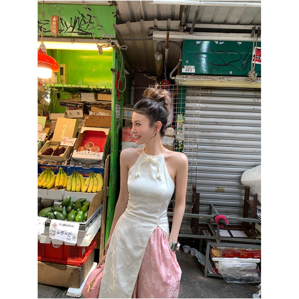 DULA Good Home New Chinese Style Jacquard Halter Neck Vest for Women Summer Slim Fit Front Slit Mid Length Top image 3